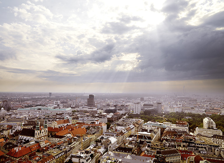 The picture shows a panoramic view of Vienna's rooftops as seen from the tower of St. Stephens cathedral